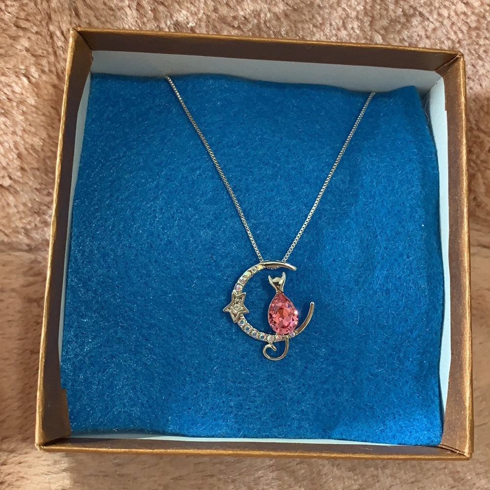 Cat on a Crescent Moon Pendant Necklace - Picture 3 of 11